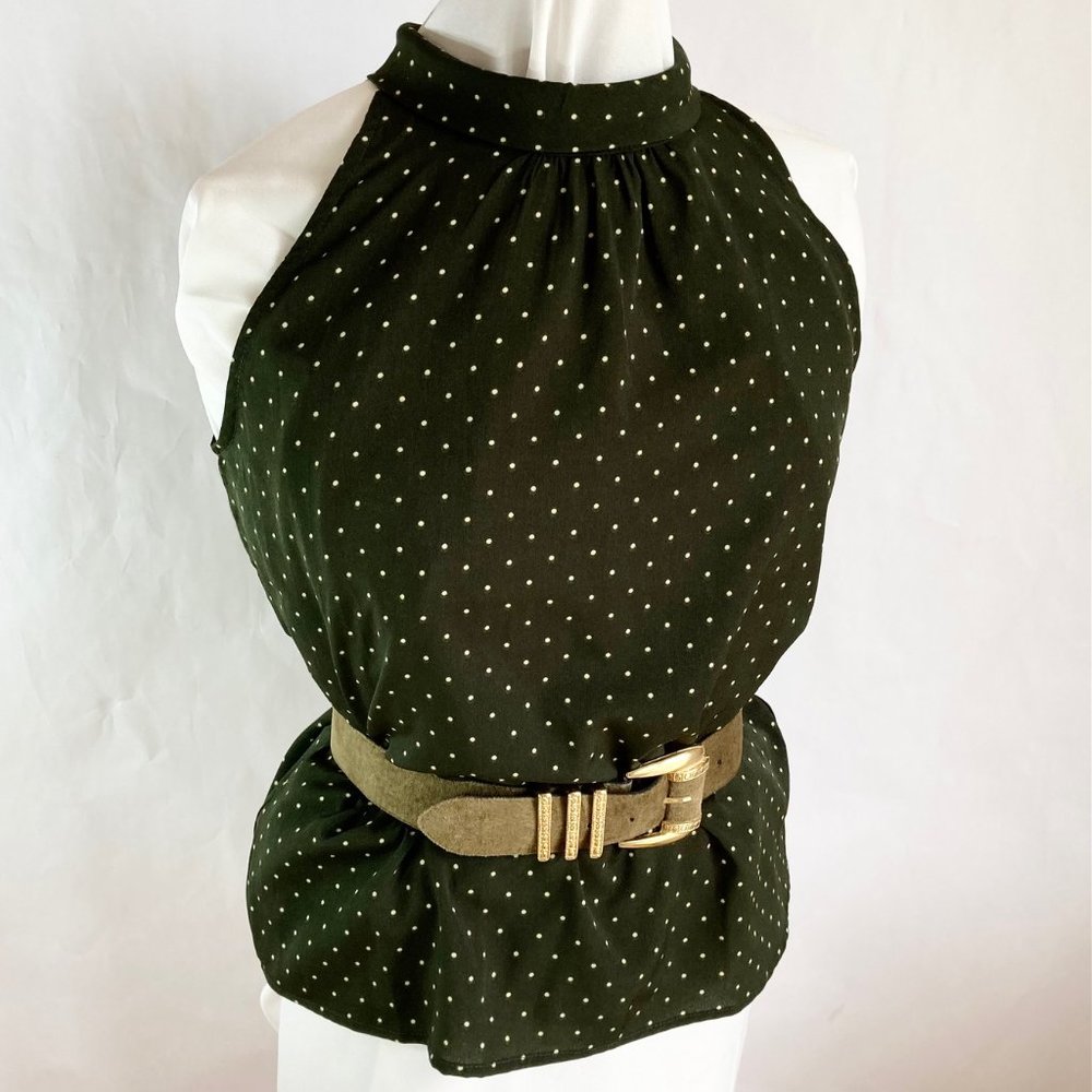 Fun2Fun Soft Feminine Green Polka Dot Sleeveless Mock-Neck Halter Top Sz S